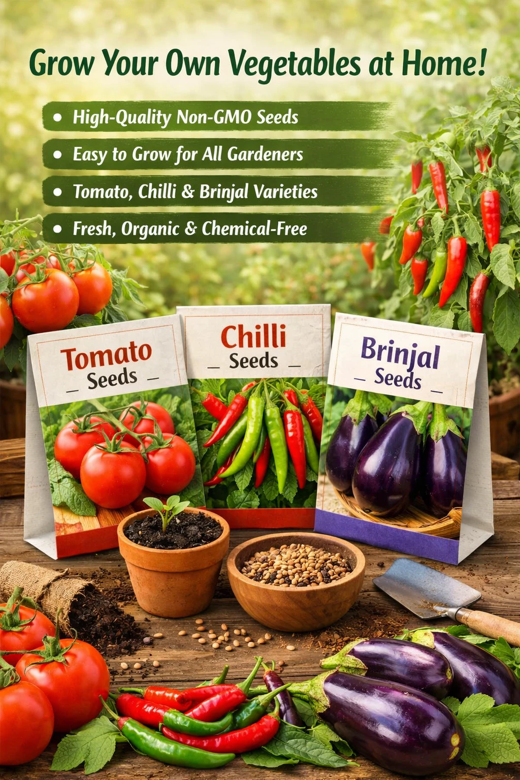 Vegetable Seeds – Tomato, Chilli, Brinjal